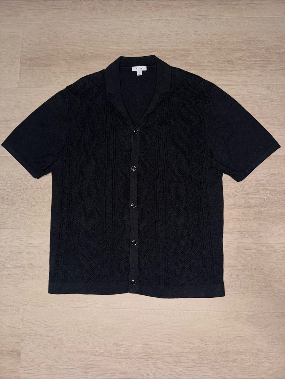 Reiss Men's Black Short-Sleeve Knit Button-Up Shirt